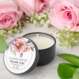 Rhododendron branch and peach-pink flowers wedding mini candle favors