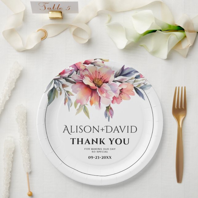 Rhododendron branch and peach-pink flowers wedding paper plates (Wedding)