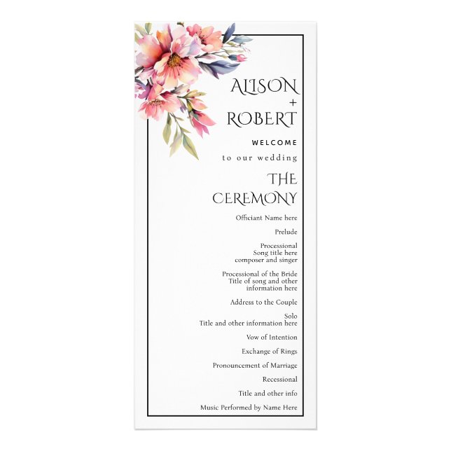 Rhododendron branch, peach flowers wedding program (Front)