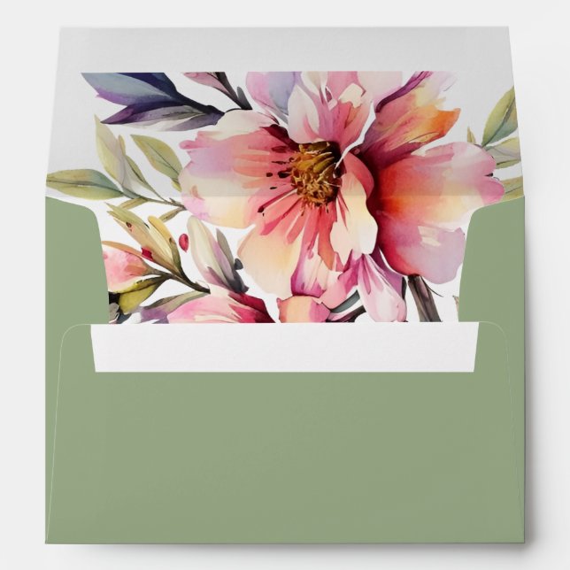 Rhododendron branch peach pink flowers wedding envelope (Back (Bottom))
