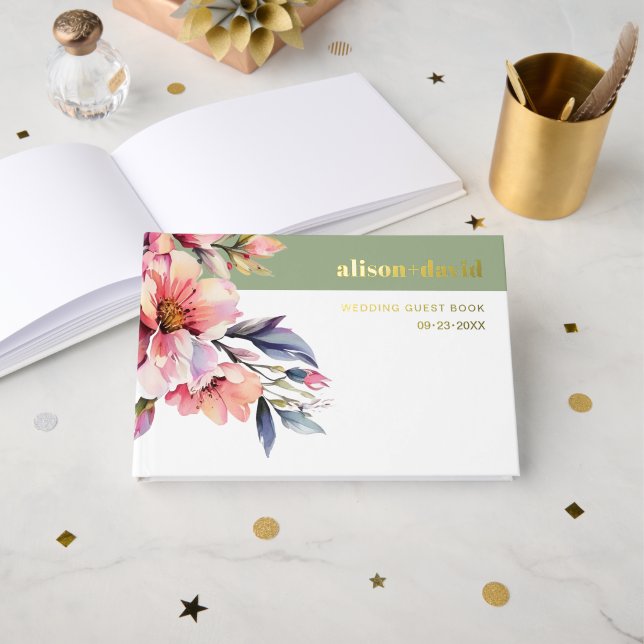 Rhododendron branch peach-pink flowers wedding foil guest book  (Front Open)