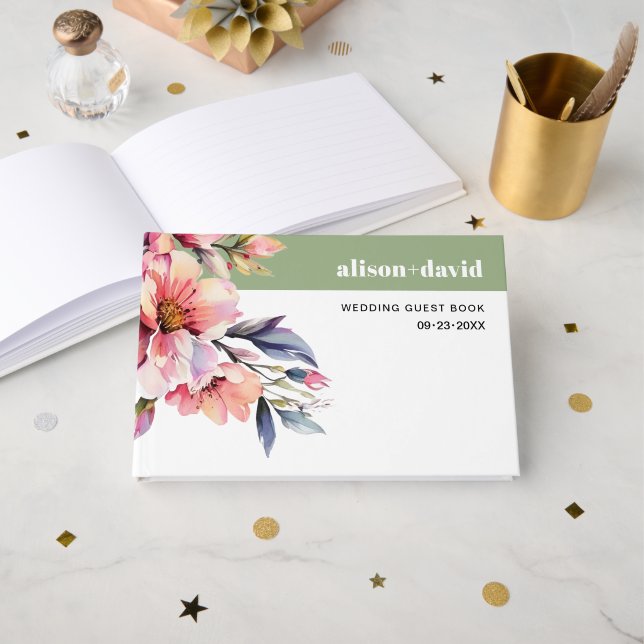 Rhododendron branch peach-pink flowers wedding guest book (Front Open)
