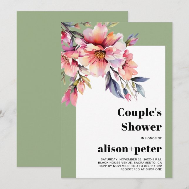 Rhododendron branches with flowers couple's shower invitation (Front/Back)