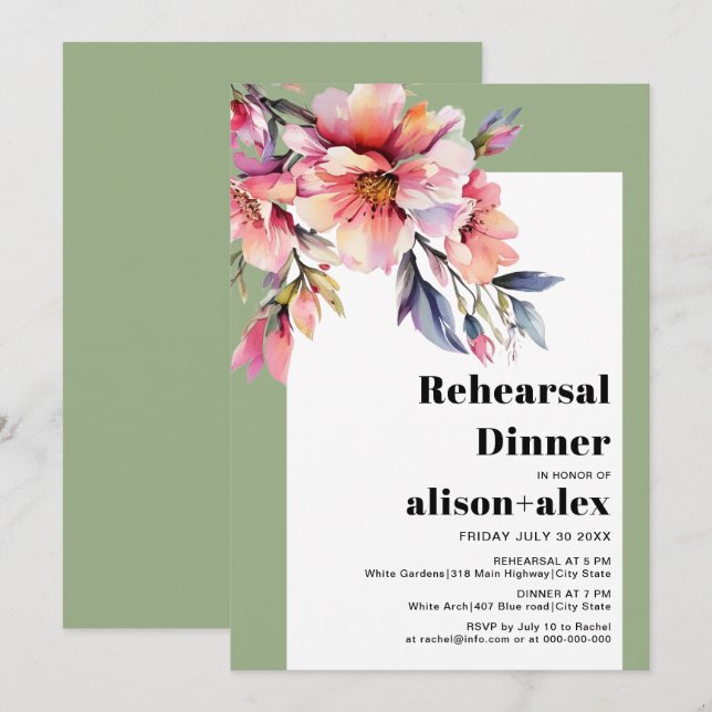 Rhododendron flowers wedding rehearsal dinner invitation (Front/Back)