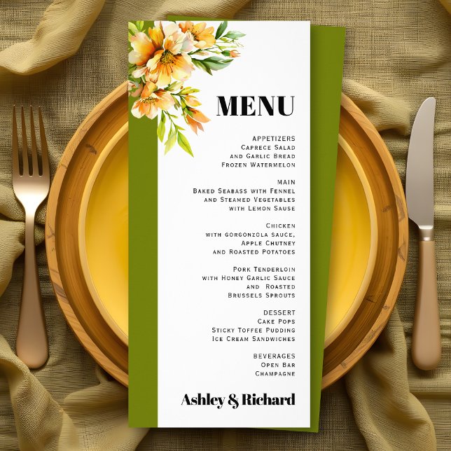 Rhododendron orange yellow fall wedding menu card (Creator Uploaded)