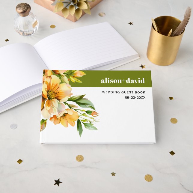 Rhododendron orange yellow flowers wedding guest book (Front Open)