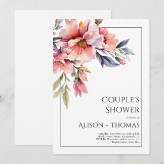 Rhododendron peach-pink flowers couple's shower invitation