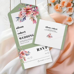 Rhododendron peach pink flowers sage green wedding all in one invitation