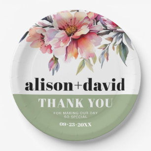 Rhododendron peach-pink flowers typography wedding paper plates