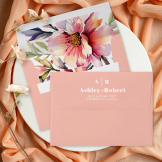Rhododendron with peach pink flowers wedding envelope