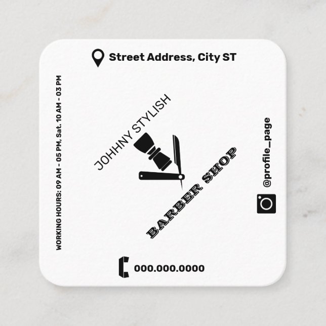 Rhomboid style cover white black square business card (Front)