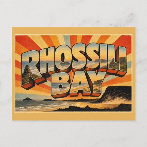 Rhossili Bay Wales Vintage Travel Art Postcard