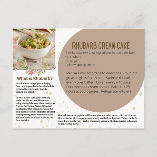 Rhubarb Cream Cake Recipe Postcard (Front)