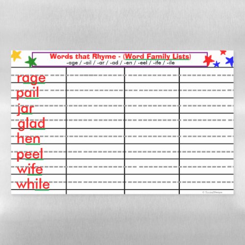 Rhyming 8 Word Families _age _en _ ile Activity Magnetic Dry Erase Sheet