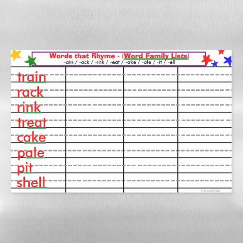 Rhyming 8 Word Families _ain _ack _ink Activity Magnetic Dry Erase Sheet