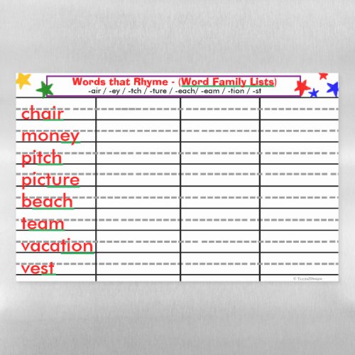 Rhyming 8 Word Families _air _ey _ tion Activity Magnetic Dry Erase Sheet