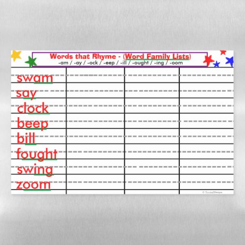 Rhyming 8 Word Families _am _oom _ock Activity Magnetic Dry Erase Sheet