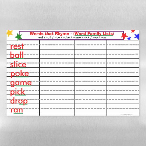Rhyming 8 Word Families _est _all _ice Activity Magnetic Dry Erase Sheet