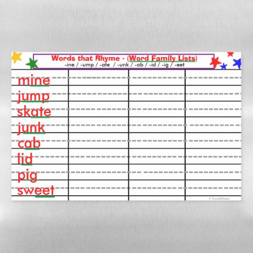 Rhyming 8 Word Families _ine _ump _ate Activity Magnetic Dry Erase Sheet
