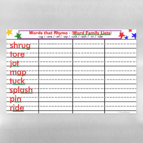 Rhyming 8 Word Families _ug _ot _ash Activity Magnetic Dry Erase Sheet