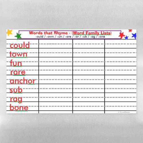 Rhyming 8 Word Families _un _ag _one Activity Ma Magnetic Dry Erase Sheet