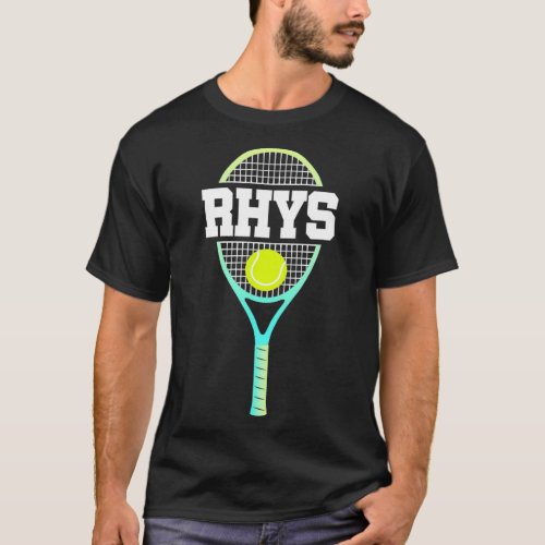 Rhys Name Tennis Player Boys Ball and Racket Sport T_Shirt