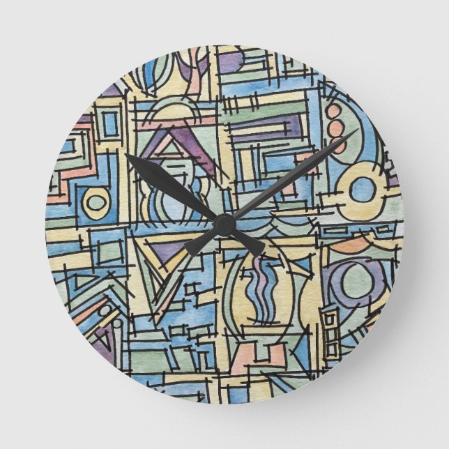 Rhythm In Blue-Hand Painted Modern Geometric Art Round Clock (Front)