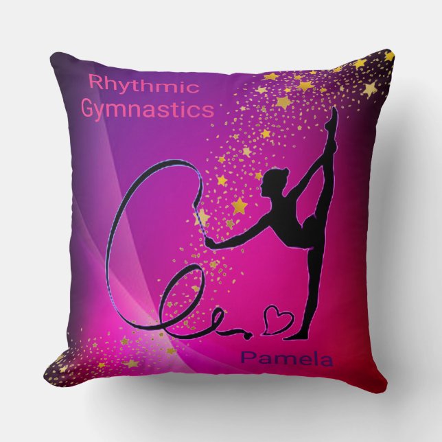 Rhythmic Gymnastics Pink & Purple Gold Stars Throw Pillow (Front)