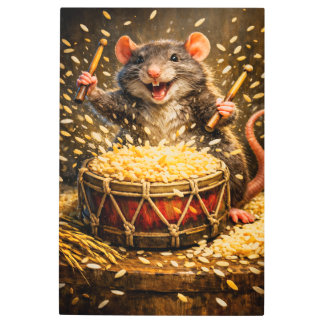 Rhythmic Rat: Dhan Drum Fiesta – Whimsical Digital Metal Print