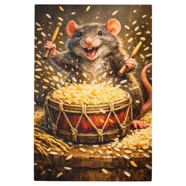 Rhythmic Rat: Dhan Drum Fiesta – Whimsical Digital Metal Print (Front)