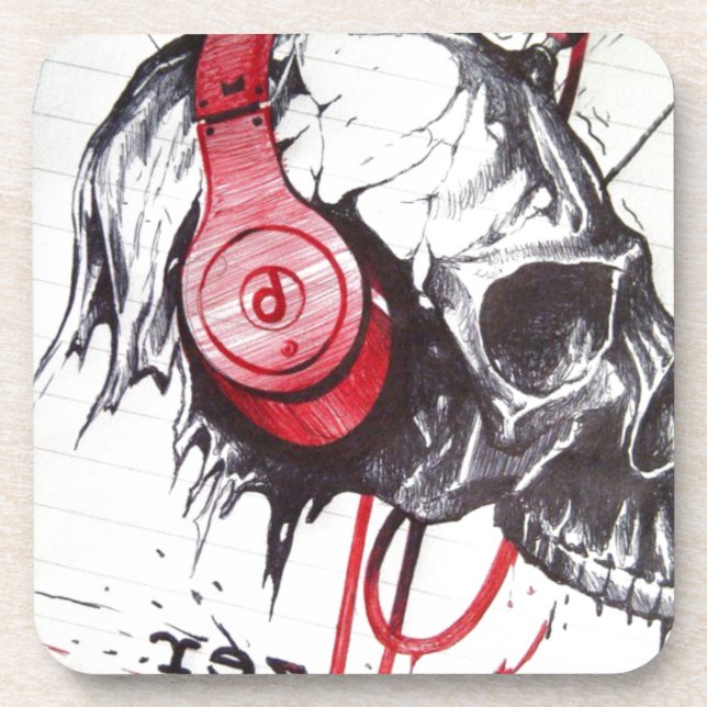 Rhythmic Skull Red Headphones Dark Art Designer Ho Beverage Coaster (Front)