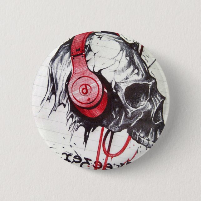 Rhythmic Skull Red Headphones Dark Art Designer Ho Button (Front)