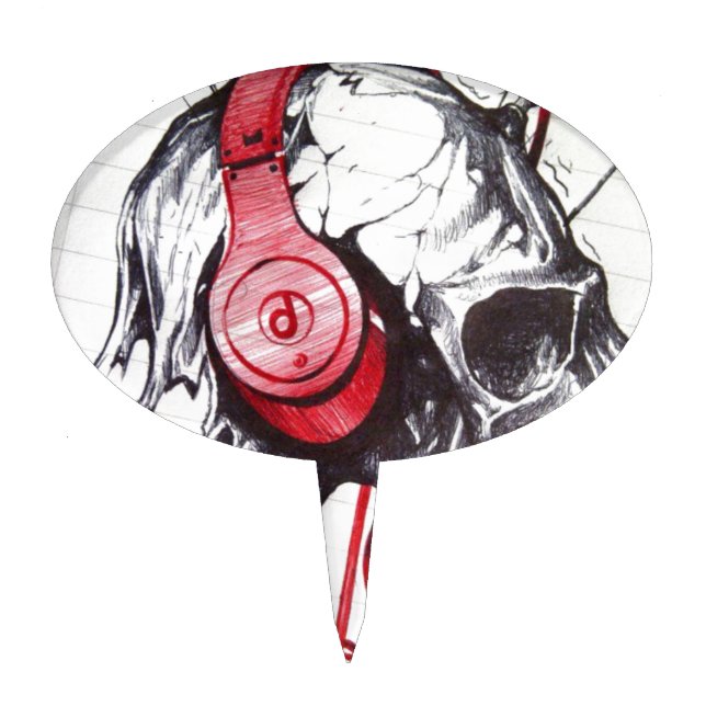Rhythmic Skull Red Headphones Dark Art Designer Ho Cake Topper (Front)