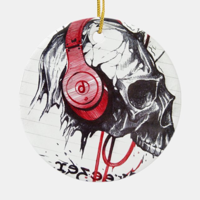 Rhythmic Skull Red Headphones Dark Art Designer Ho Ceramic Ornament (Front)
