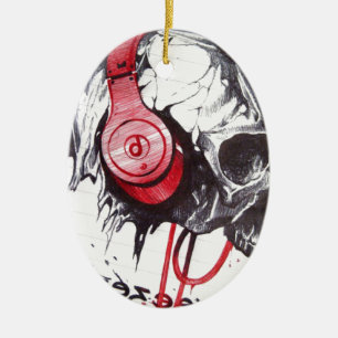 Rhythmic Skull Red Headphones Dark Art Designer Ho Ceramic Ornament
