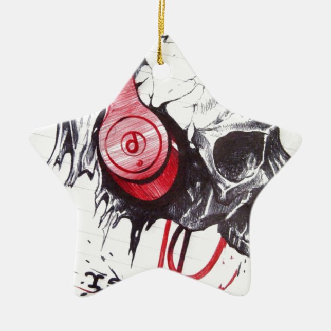 Rhythmic Skull Red Headphones Dark Art Designer Ho Ceramic Ornament (Front)