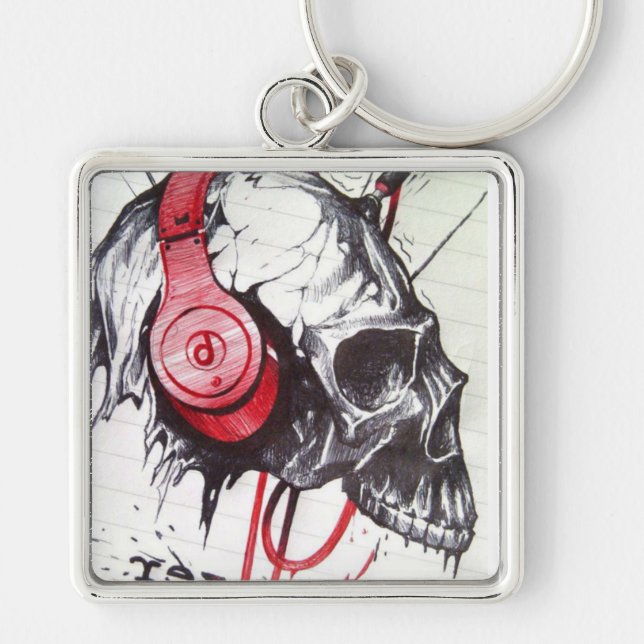 Rhythmic Skull Red Headphones Dark Art Designer Ho Keychain (Front)