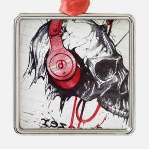 Rhythmic Skull Red Headphones Dark Art Designer Ho Metal Ornament