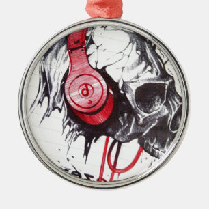 Rhythmic Skull Red Headphones Dark Art Designer Ho Metal Ornament