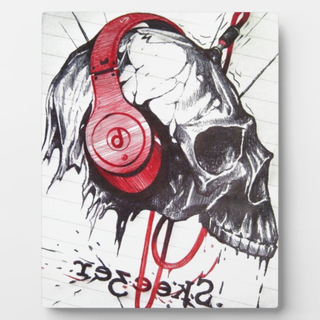 Rhythmic Skull Red Headphones Dark Art Designer Ho Plaque (Front)