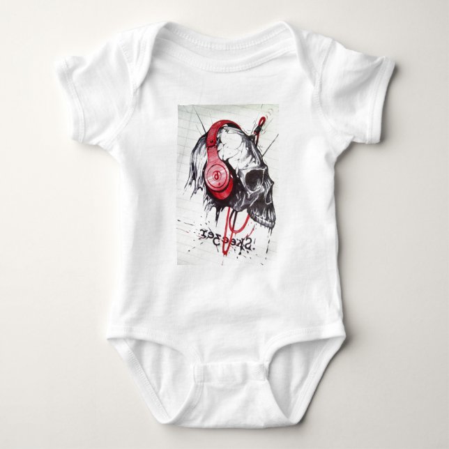 Rhythmic Skull Red Headphones Grunge Dark Art Appa Baby Bodysuit (Front)