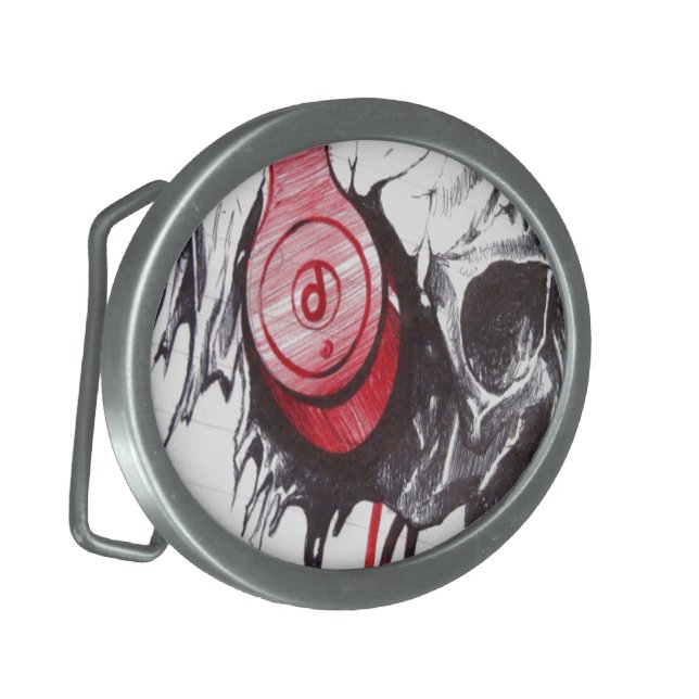 Rhythmic Skull Red Headphones Grunge Dark Art Appa Belt Buckle (Front Left)