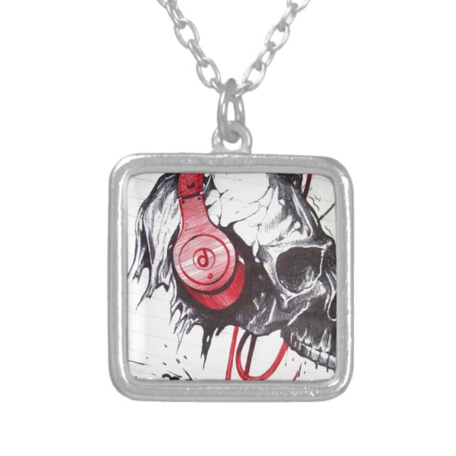 Rhythmic Skull Red Headphones Grunge Dark Art Appa Silver Plated Necklace (Front)