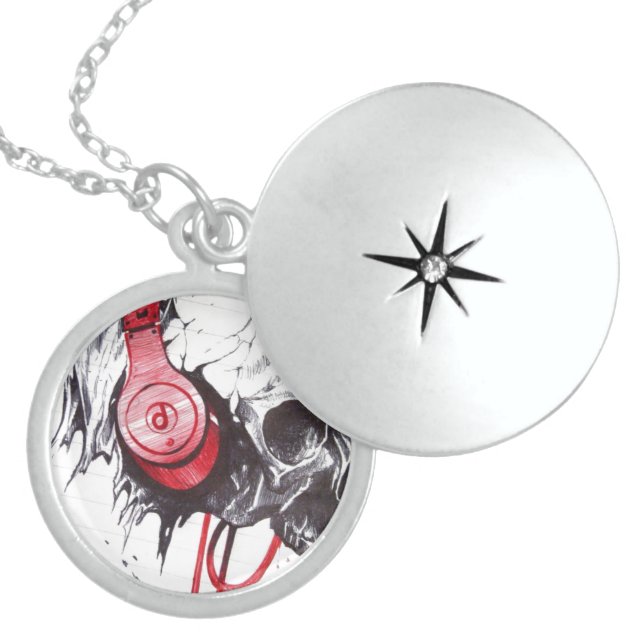 Rhythmic Skull Red Headphones Grunge Dark Art Appa Sterling Silver Necklace (Front)