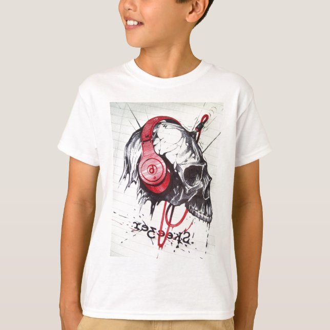Rhythmic Skull Red Headphones Grunge Dark Art Appa T-Shirt (Front)