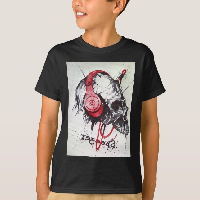 Rhythmic Skull Red Headphones Grunge Dark Art Appa T-Shirt (Front)