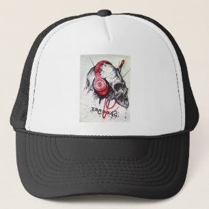 Rhythmic Skull Red Headphones Grunge Dark Art Appa Trucker Hat
