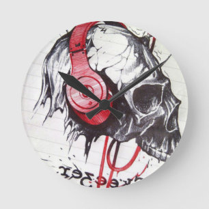 Rhythmic Skull with Red Headphones Grunge Sketch A Round Clock