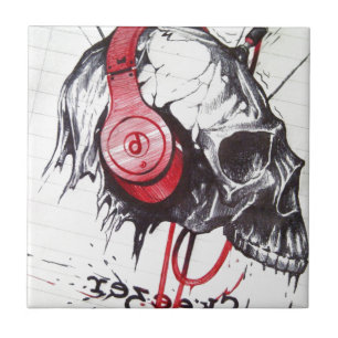 Rhythmic Skull with Red Headphones Grunge Sketch A Tile