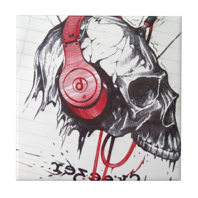 Rhythmic Skull with Red Headphones Grunge Sketch A Tile (Front)